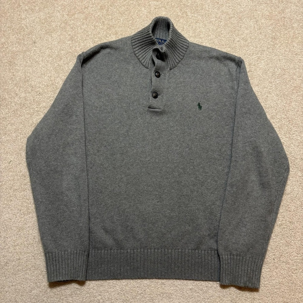 Polo Ralph Lauren‎ Sweater Mens XL Gray Henley Mock Neck Pullover Pony Logo Knit